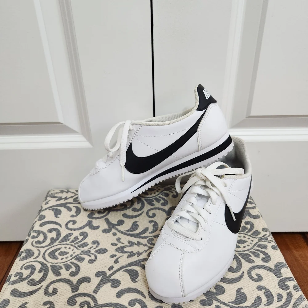 Nike White Leather Cortez Sneakers with Black Swoosh 2018